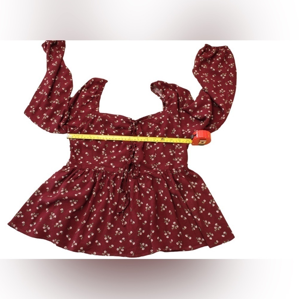 NEW! Aeropostale Women’s Long Sleeve Maroon Ditsy Floral Peasant Blouse Size L - Picture 7 of 9